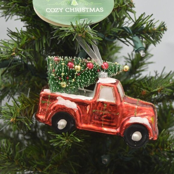 Red Truck Christmas Tree Glass Ornament By Cozy Christmas - Picture 1 of 5